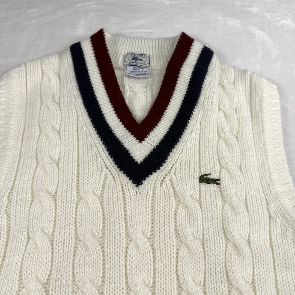 Vintage Izod Lacoste Sweater Vest Mens Large Ivory Chunky Cable Knit Golf Preppy - Picture 2 of 8